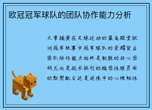 欧冠冠军球队的团队协作能力分析