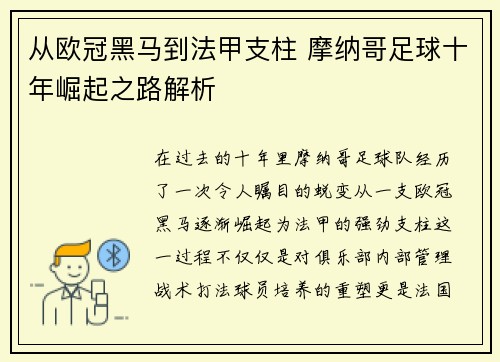 从欧冠黑马到法甲支柱 摩纳哥足球十年崛起之路解析