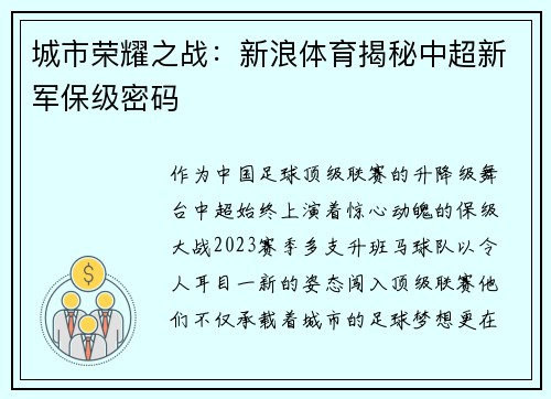 城市荣耀之战：新浪体育揭秘中超新军保级密码