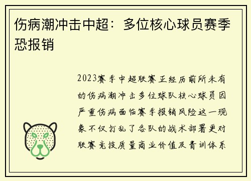 伤病潮冲击中超：多位核心球员赛季恐报销